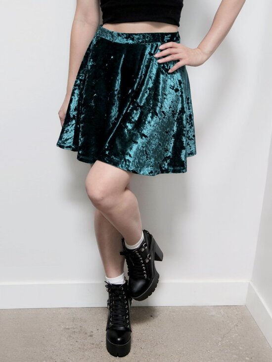 Revamped Dresses & Skirts - Y2K Emerald Green Crushed Velvet Skater Skirt, Whimsigoth Stretch Waist